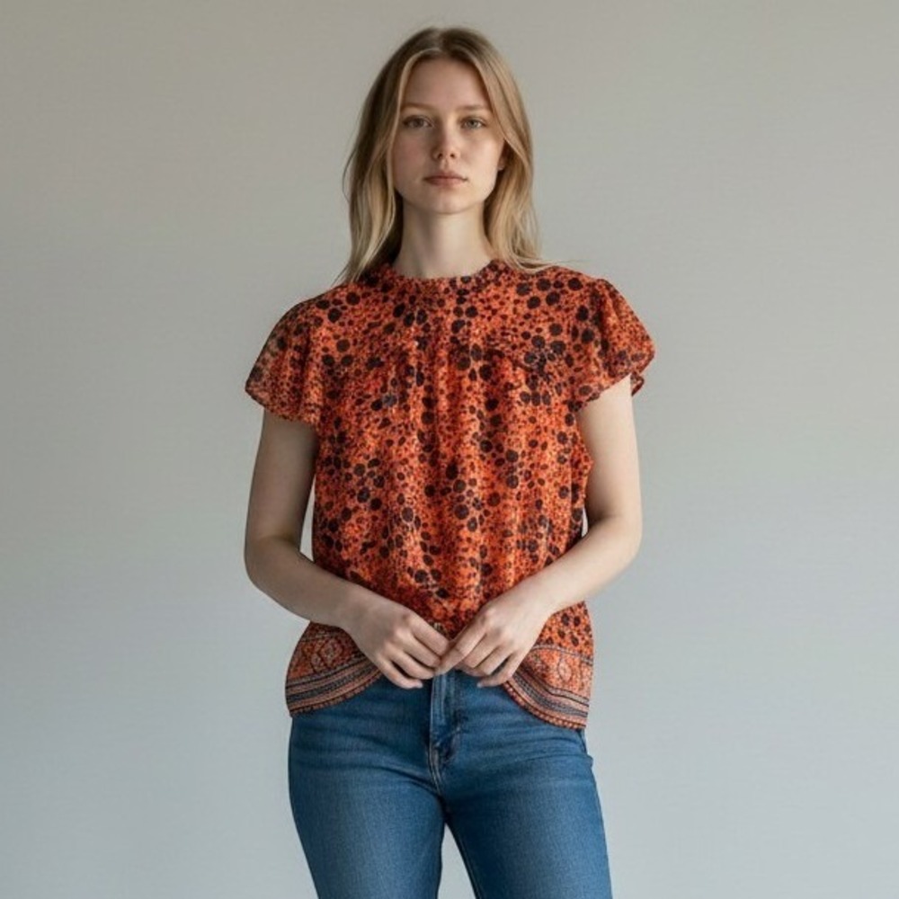 Joie Floral Ruffle Flutter Sleeve Blouse Orange Blue Metallic Lurex Extra Large